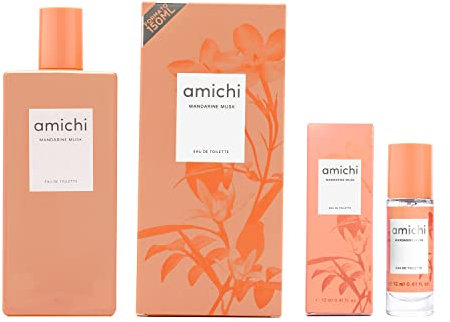 AMICHI - Mandarine Musk Promoción 150 ml + 12 ml, Colonia Mujer, Pack 2 Productos, Perfume Mujer, Eau de Toilette Femenina, Agua Fresca, Fragancia Dulce y Cítrica