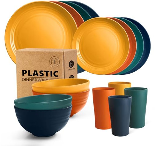 Teivio 16-Piece Kitchen Plastic Dinner Set, Service for 4, Dinner Plates, Dessert Plates, Cereal Bowls, Cups, Unbreakable Plastic Plates and Bowls Set, Outdoor Camping Dishes, Autumn Multicolor