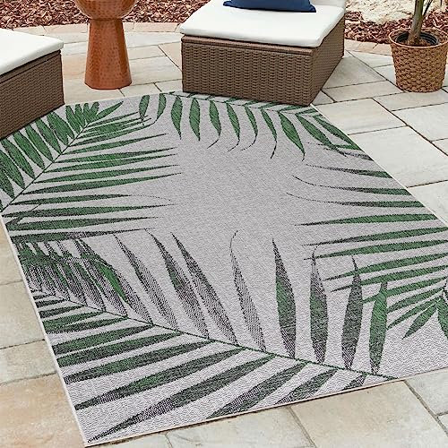 HomebyHome Outdoor Teppich Wetterfest 140x200 cm Sisal Optik Palmen Design Rechteckig Grün - Balkon Teppich Wasserfest Küchenteppich - Für Garten, Terasse, Camping, Außenbereich Teppich