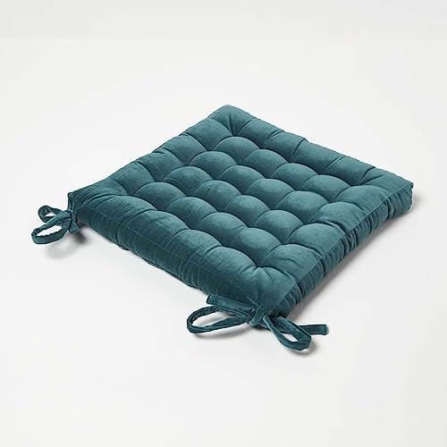Homescapes Samt Stuhlkissen 40x40 petrolgrün, Sitzauflage mit Bändern, bequemes Sitzkissen für Stühle aus Baumwollsamt