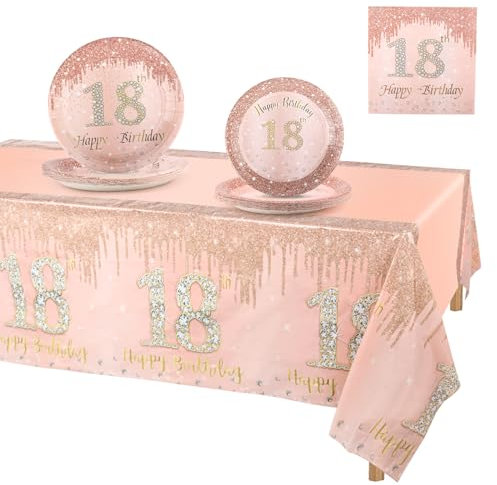 Fowecelt Rose Gold Plates Napkins - 53pcs 18th Birthday Party Decoration Paper Tableware Set Disposable Party Plates Napkins Tablecloth for Her Girl Women Dinnerware