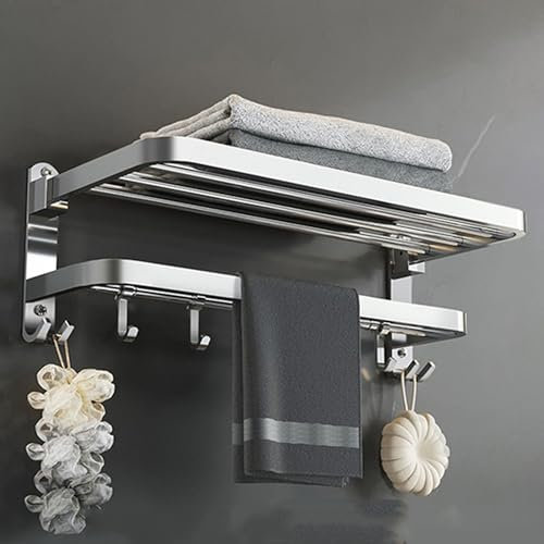Handtuchhalter Ohne Bohren,Selbstklebend Handtuchregal mit 2 Handtuchstange, 5 Handtuchhaken, Edelstahl handtuchhalter Wand Faltbar 90° für Bad,Küche,Toilette (58CM)