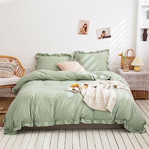 Herside Grün Bettwäsche 135x200 4teilig Rüsche Bettwäsche Sets Rüschen Design Weich Mikrofaser Böho Bettbezug mit 2 Kissenbezüge 80x80 cm (Salbei grün, 135 x 200 cm 4teilig)