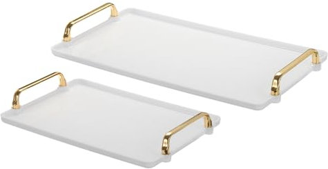 PATIKIL Plastique Service Plateau avec Doré Poignée Réutilisable, 2 pcs 16.1 x 8,7/12,2 x 7,9 Moderne Rectangulaire Décoratif Plateau pour Comptoir Salle Bain Cuisine, Blanc