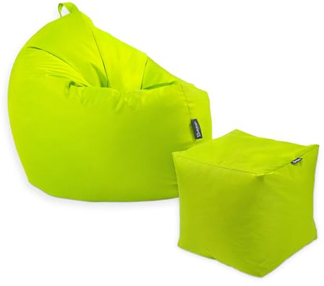 Premium 2-in-1 Sitzsack mit Füllung | Fußhocker | für Kinder & Erwachsene | Outdoor & Indoor | Sitzkissen | Bodenkissen | Wasser- & schmutzabweisend + Sitzpouf 35x35x35cm (Lime, 125 CM + Sitzspouf)
