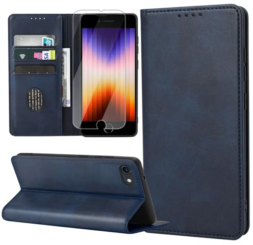 ZYIMOU iPhone SE 2022/ SE 2020/ 8/ 7 Handyhülle mit Schutzfolie, Leder Schutzhülle Standfunktion Kartenfach Wallet Klapphülle Flip Case Cover, Blau