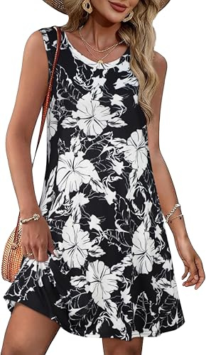 elescat Damen Sleeveless Beach Sundress Boho | Zwei versteckte Taschen, kurzärmeliges Boho-Kleid, U-Ausschnitt, Blumenkleid, fließende A-Linie, Hawaii-Urlaub