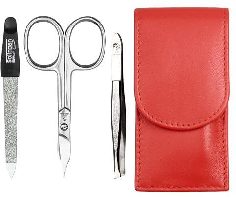 Sonnenschein by Hans Kniebes - Maniküre Set 3 teilig - Nagelschere, Nagelfeile und Pinzette - Taschenmaniküre Nagelpflegeset - Nappa-Lammleder Manicure Etui (Orange)