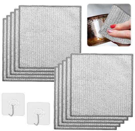MisFun 10 Stück Geschirrspüllappen aus Draht, Wire Rag, Double Stainless Steel Scrubber, Mehrzweck Geschirrspüllappen aus Draht, für Nass und Trocken, Mit Klebehaken, für Küchen, Geschirr