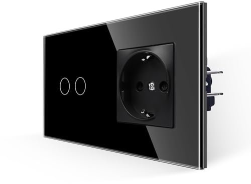 JIMEIDA Interruptor de luz táctil con enchufe, color negro, 2 vías, panel de cristal e interruptor LED de estado 300 W, 157 x 86 mm