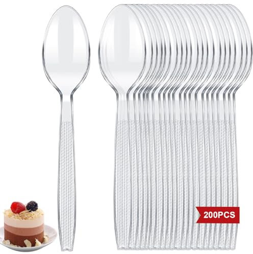 Heavy Duty Clear Plastic Spoons, 200 PCS Clear Plastic Cutlery Set for Birthday Parties Buffets Picnics BBQ's Weddings Camping