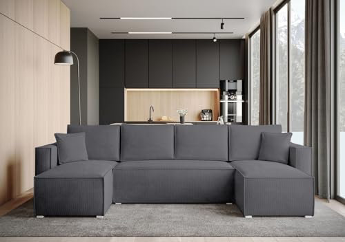 BROMARKT Ecksofa mit Schlaffunktion Sofa Cord Eckcouch mit Bettkasten Wohnzimmer Möbel U Form Couch gästebett Sofa Kissen groß 305x145x74 cm Dunkelgrau