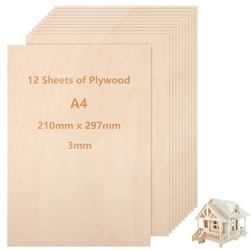 FWEEK 12 Stück A4 Sperrholzplatte 3mm, 297x210mm A4 Sperrholz-Platten, Bastelholz Platten Unfertige Sperrholzplatte Birkensperrholz für DIY Holzarbeiten, Laserbearbeitung, Modellbau, Gemälde