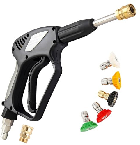 Short Pressure Washer Gun with Swivel,5000 PSI Max, 3/8 Plug & 1/4 Quick Connect Outlet, Power Washer Gun Compatible with Foam Cannon for Car Wash, 5 Spray Nozzle Tips, M22 14mm Fitting