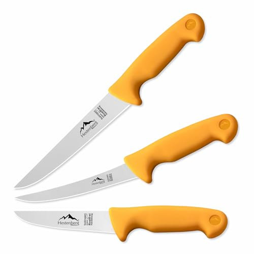 HESTENBERG Solingen Germany 3-Teiliges Profi Metzgermesser Set 1910, geeignet als Schlachtmesser & Fleischmesser (Gelb)