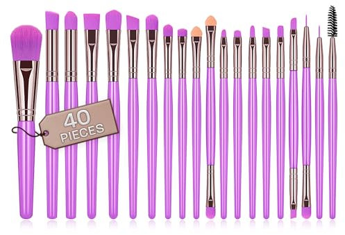 Pinceaux maquillages professionnel 40 pieces poils synthétiques de qualité pinceau anti cerne pinceaux maquillages yeux pinceau poudre pinceau maquillage (Lilas)