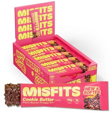 Misfits Vegan Protein Bars, Cookie Butter - Updated Recipe | Low Sugar & Carb, High Fibre Snacks | Pack of 15