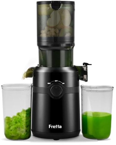 Cold Press Juicer Machines,Fretta Slow Masticating Juicer with 108mm &1.0L Hopper for Whole Fruits and Vegetables,200W Self Feeding High Yield Juice Extractor,BPA Free Tritan, (Black)
