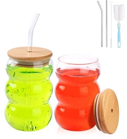 SHENDONG Glass Cups with Lids and Straws Set of 2,Cute Ribbed Drinking Glasses with Bamboo Lids and Straws,550ml Iced Tea/Coffee Glasses,Tumblers Water Glasses,Beer Glasses,Glasses Drinking Set,Gift