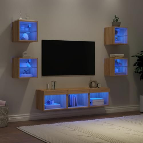 qohoio 7-TLG. Wohnwand mit LED-Beleuchtung Wohnwand Wohnzimmer MöBel Wohnzimmer Fernsehwand Wohnzimmerschrank Sonoma-Eiche Holzwerkstoff