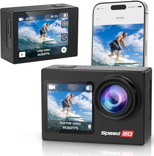 Hiicam Speed 20 Action Cam 4K60FPS 40MP WiFi Unterwasserkamera 40M Wasserdicht Ultra HD Touchscreen Actioncam 170° Ultra-Weitwinkel, EIS Stabilisierung, 5X Zoom, 2.4G Fernbedienung und 2 Akkus 1350mAh
