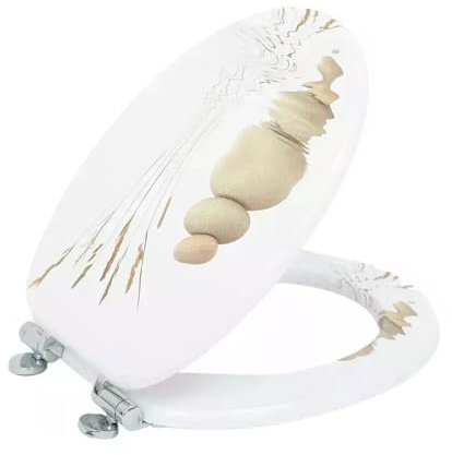 18 MDF Toilet Seat Universal Adjustable Fit Most Toilets Oval Seat┃Bathroom Standard Wooden MDF Toilet Seat | WC SEAT +Fittings┃Quick Release Toilet Seat - Pebbles & Grass Novelty
