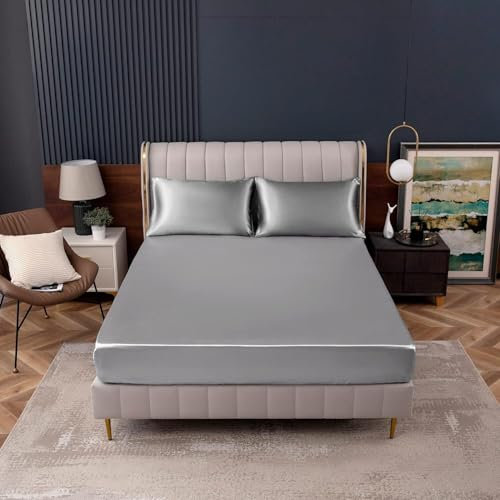 Gezu Spannbettlaken, 160 x 200 cm, Satin, Grau, Mikrofaser, atmungsaktiv, seidig, glänzend, hypoallergen, ohne Bügeln, elastischer Saum, robust, geeignet für Matratzen unter 30 °C