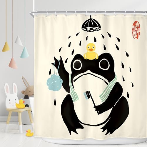 LGhtyro Lustiger Frosch-Duschvorhang, Badezimmer-Set, 180 x 180 cm (B x H), asiatische traditionelle japanische Kunst, niedlicher Tier-Badestil, Badeente, Badezubehör, Retro, schwarz, beige, Kunst,