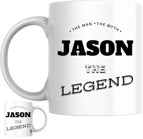 Designs of note! The Man, The Myth, The Legend Jason Mug | Funny Personalised Name Coffee Cup for Him | Gift for Men and Boys Named Jason