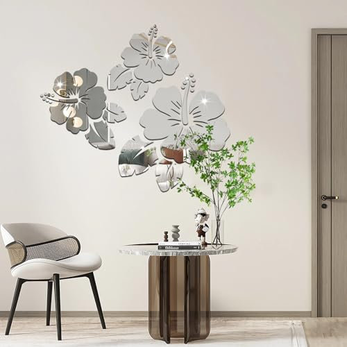Shackcom Adesivi Murali 3D Specchio 12pcs Fiori Specchio Adesivo da Parete Acrilici Rimovibili Decorazioni da Parete DIY per Camera da Letto Soggiorno-Argento