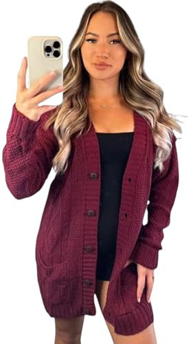 Stylish Doll Women’s Long Sleeve Knit Open Front Button Top Chunky Aran Cable Plus Size Grandad Knitted Cardigan Ladies Casual Sweater Winter Jumper (Wine, UK 16-18)