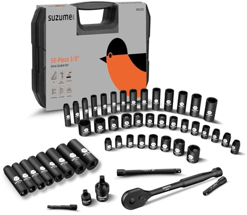 3/8’’ Drive Impact Socket Set, Cr-V Steel, 6 Point, 50-Piece Standard Metric (8-22mm) and SAE (5/16-Inch to 3/4-Inch) Sockets with Adapters & Ratchet Handle, Extension Bars, Universal Joint