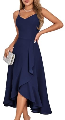 DRESSTELLS Cocktail Dress for Women, Summer Formal Wedding Guest Mother Bride Modest Prom Party Fit Flare Spaghetti Strap Dresses Navy XL