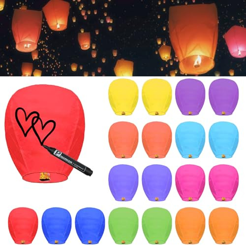 Paquete de 20 faroles chinos de cielo para liberar en el cielo, faroles de papel resistentes al fuego para conmemoración, linternas voladoras biodegradables de alta calidad ecológicas para fiestas,