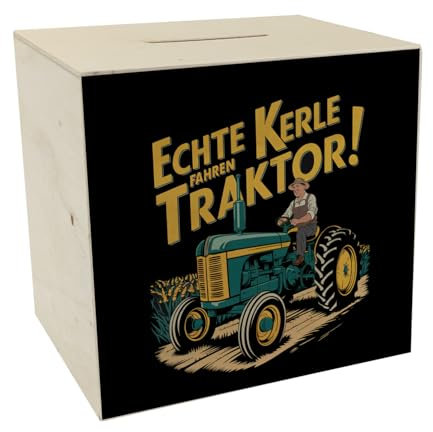 Bauer auf grünem Traktor - Echte Kerle Fahren Traktor Spardose aus Holz Nostalgische Spardose aus Holz im grünen Traktor-Design mit gelben Akzenten - Ideal für