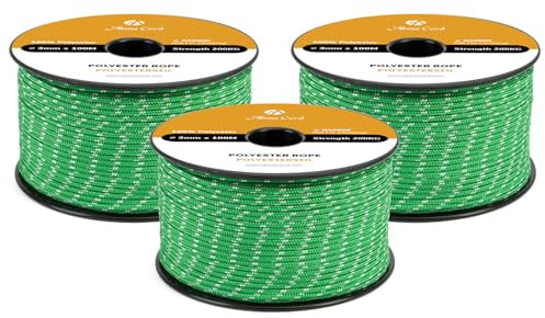 Abma Cord Polyesterseil 3mm x 100m Seil Geflochtene Schnur Reißfest für Outdoor, Boot, Festmacher, Zelt, Garten - Grün/Weiß