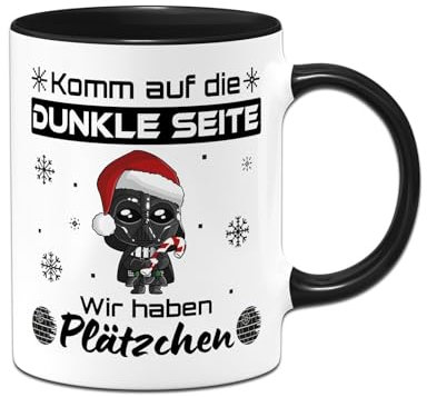 Tassenbrennerei Weihnachtstasse - Komm auf die dunkle Seite, wir haben Plätzchen - Tasse, Kaffeetasse lustig mit Spruch für Weihnachten - Ugly Becher (Schwarz)