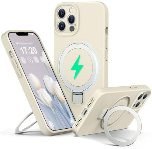 PuyaTeya Liquid Silicone Case for iPhone 12 pro with Magnetic Ring Stand, Upgraded camera lens protection, Mil-Grade Drop Shockproof, Anti-Scratch Microfiber Lining Silicone Case(Beige)