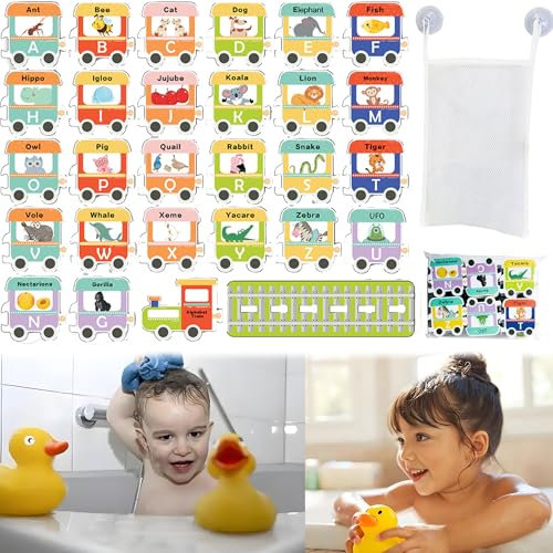 QSLKI 28 Stück Badewanne Buchstaben, Badespielzeug Schaum mit Netz Organisator, Badespielzeug Lernen, Schwimmende Buchstaben, Badespielzeug & Lernspielzeug für Badewanne Aufkleber, Babys & Kleinkinder
