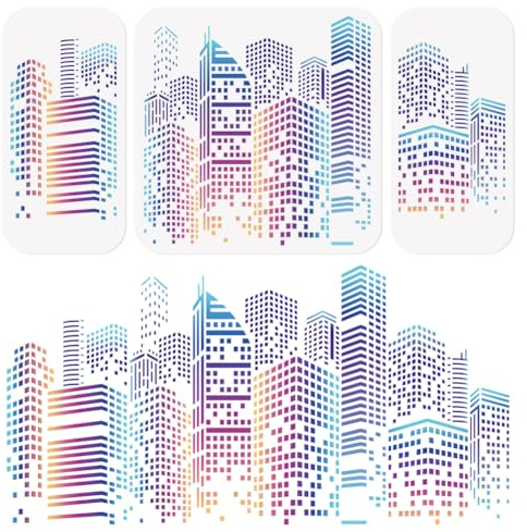 3 Stück Wolkenkratzer Stadtbild Skyline Stadtgebäude Schablonen Vorlage DIY Bastelarbeiten Wiederverwendbare Kunststoff Schablonen Zum Malen Auf Wänden Böden Stoffen Möbeln Und Glas