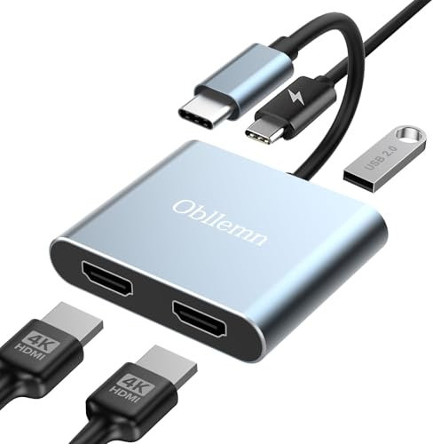USB C auf Dual HDMI Adapter, 4 in 1 Typ C to HDMI Splitter for Dual Monitors, mit USB 2.0+2 * 4K+PD 100W, für MacBook Pro/Air, iPad, Surface, Dell, Chromebook