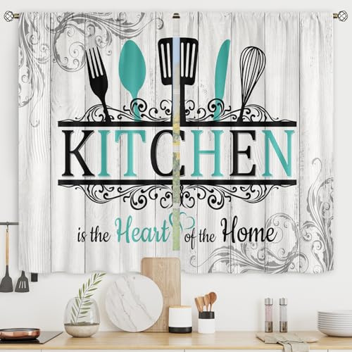Riyidecor Teal Turquoise Kitchen Curtains Short Small Funny Quotes Farmhouse Wooden Plank Wood Knife and Spoon Rod Pocket Black White Bedroom Living Room Treatment Fabric 2 Panels 27.5Wx39H Inch