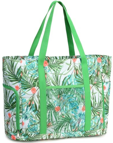 JANSBEN Strandtasche XXL Familie mit Schuhfach - Badetasche Damen Große mit Reißverschluss Wasserdicht Sanddicht Beach Bag Leichte Shopper Schultertasche Schwimmtasche für Strand Reisen Grün