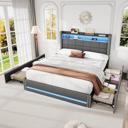 4ft6 Double Bed Frame Upholstered Platform Bed with 4 Storage Drawers & LED Storage Headboard, Linen Grey Functional Beds with LED Lighting & Charging Station, Metal-Wood Support,No Box Spring Needed