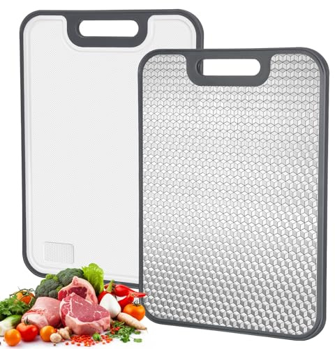 Chentorn Doppelseitiges Zweiteiliges Schneidebrett aus Edelstahl & PP-40.7 x 28.8 cm-Für Fleisch, Gemüse & Früchte-Leicht, Fleckenresistent & Spülmaschinenfest