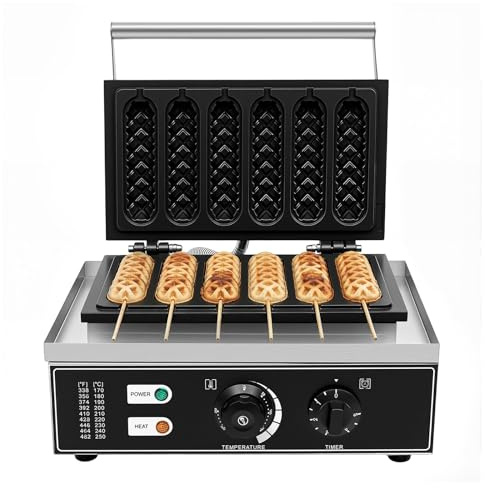 Máquina de perritos calientes de 1500 W, 6 unidades, 220 V, control de temperatura de 50 – 300 ℃, mango de gofres de acero inoxidable, gofres profesionales, palitos de maíz, perros, revestimiento