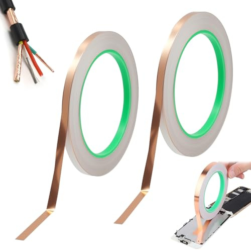 2 Roll Copper Foil Tape (0.24inch x 66ft) Conductive Adhesive for Guitar Stained Glass Slug Snail Barrier Repellent Tape EMI Shielding Crafts Electrical Repairs Soldering Grounding Outdoor Indoor Use