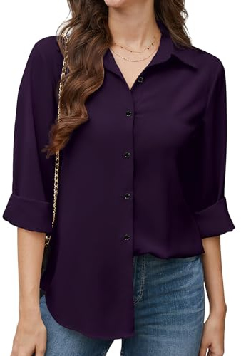 Stamain Camicia Donna Elegante a Maniche Lunghe in Chiffon Camicetta Scollo a V Casual Ufficio Camicie con Bottoni