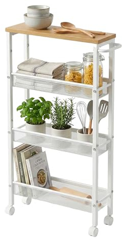 Relaxdays nischhylla, HxBxD: 77x13x45 cm, smal för badrum & kök, natur/vit | 4 hyllplan, rullhylla i metall