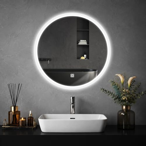 Srtvietae Badspiegel mit Beleuchtung, LED Badezimmer Spiegel Rund 50cm, Dimmbar, 3 Lichtfarben, Touch-Schalter, Badezimmerspiegel mit Beleuchtung, Wandspiegel mit Licht, IP44